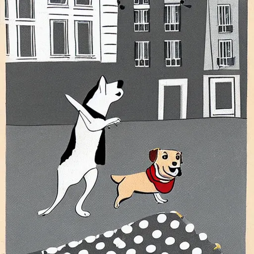 Image similar to book illustration of a french boy on the streets of paris playing football against a corgi, the dog is wearing a polka dot scarf, 1 9 6 6