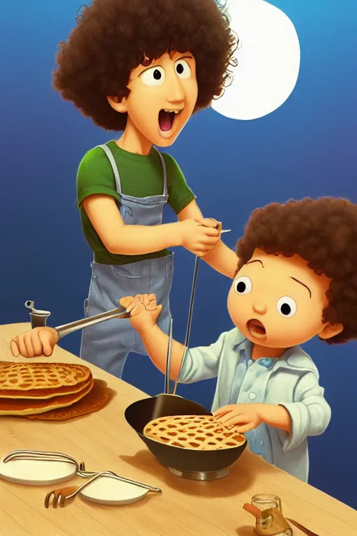 Prompt: young arlo guthrie making pancakes, animation pixar style, by pendleton ward, magali villeneuve, artgerm, rob rey and kentaro miura style, golden ratio, trending on art station