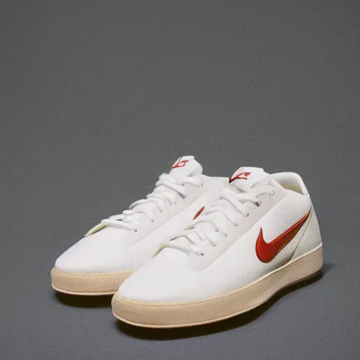 Image similar to a studio photoshoot of Nike low top tennis sneakers designed by Tom Sachs, cream leather with knitted mesh material, gum rubber outsole, realistic, color film photography by Tlyer Mitchell, 35 mm, graflex