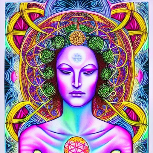 Prompt: flower of life godess portrait in the style of Alex grey