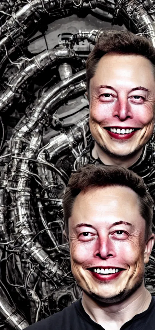 Image similar to horror picture of elon musk black oily dark body horror scary pipes wires grinning