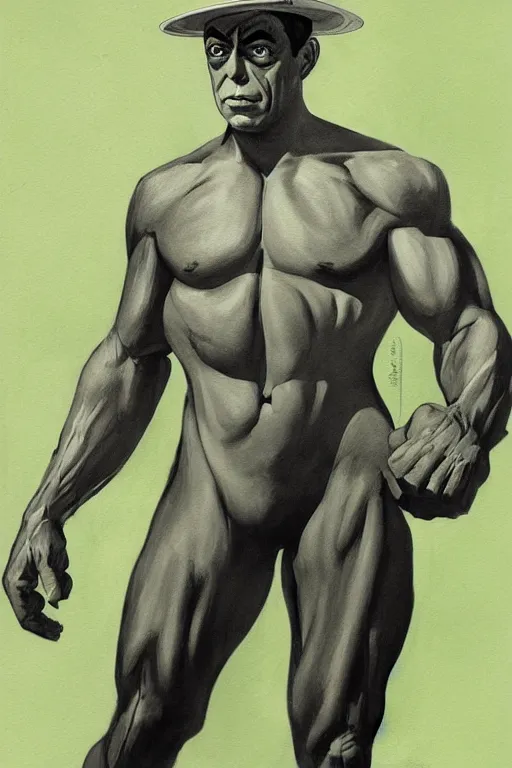 Image similar to buster keaton as the incredible hulk, comic book fantasy illustration, detailed painting, soft shading, dynamic lighting, comic book concept art