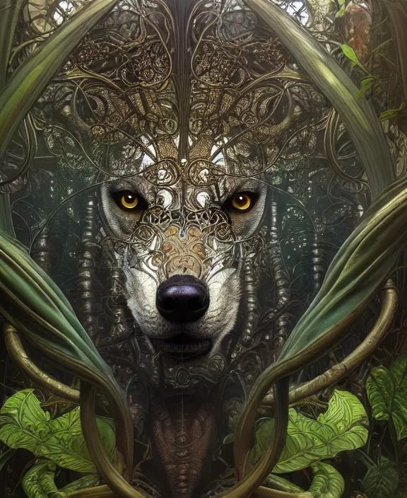 Image similar to intricate ornate opulent transparent clear see - through portrait of a terrifying beautiful male alien wolf, mottled coloring, adorable, childlike, overgrown jungle environment, ultra realistic, concept art, art nouveau, photorealistic, octane render, 8 k, unreal engine. art by christopher marley and artgerm and greg rutkowski and alphonse mucha