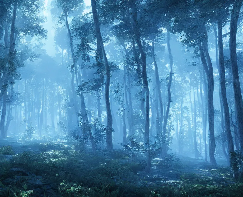 Image similar to blue forest, glowing, unreal engine 5, raytracing, hyperreal, digital art, highly detailed, artstation