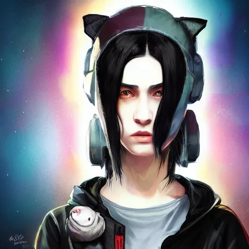 Image similar to a pale skinny white young girl with black hair, the hime cut, 1 8, in a black hoodie, and a cat, apex legends character, digital illustration portrait design, by android jones and greg rutkowski, retrowave color scheme, detailed, cinematic lighting, wide angle action dynamic portrait