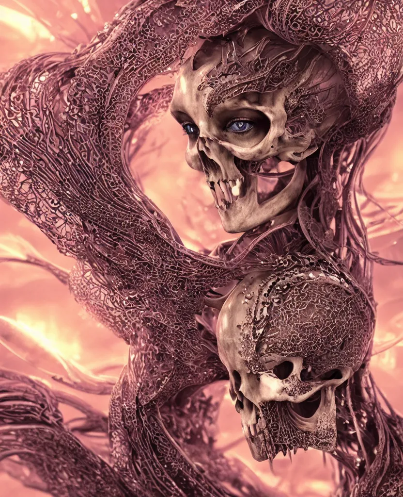 Image similar to close-up macro portrait of the face of a beautiful princess with animal skull mask, epic angle and pose ribcage skeleton, symmetrical artwork, 3d with depth of field, blurred background, cybernetic jellyfish female face skull phoenix bird, translucent, nautilus, energy flows of water and fire. a highly detailed epic cinematic concept art CG render. made in Maya, Blender and Photoshop, octane render, excellent composition, cinematic dystopian brutalist atmosphere, dynamic dramatic cinematic lighting, aesthetic, very inspirational, arthouse. y Greg Rutkowski, Ilya Kuvshinov, WLOP, Stanley Artgerm Lau, Ruan Jia and Fenghua Zhong