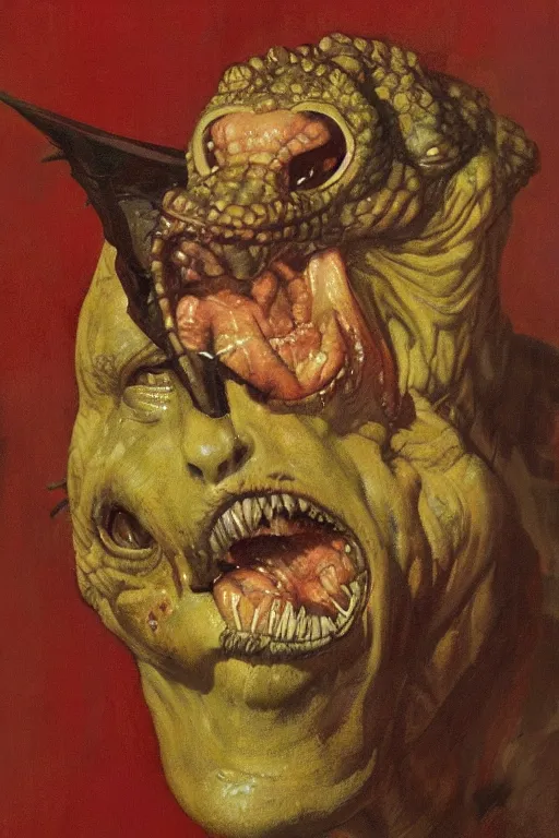 Image similar to upper body and head portrait of lizard man, by norman rockwell, roberto ferri, daniel gerhartz, edd cartier, jack kirby, howard v brown, ruan jia, tom lovell, frank r paul, jacob collins, dean cornwell, 5 0 s pulp scifi fantasy illustration