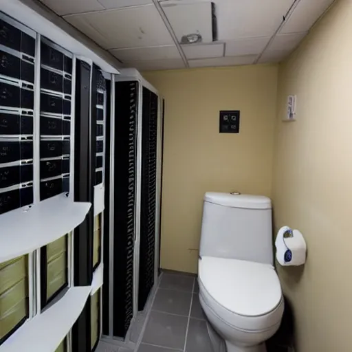 Image similar to a small bathroom which also serves as provisional server room, very chaotic