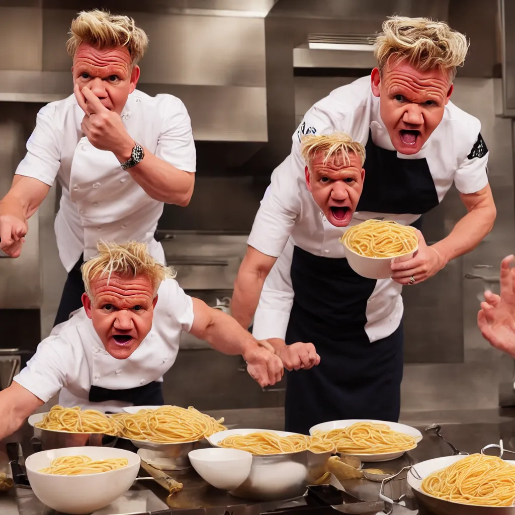 Prompt: gordon ramsay throwing spaghetti and yelling at eminem, cooking show, very detailed, realistic, 4 k, professional photography