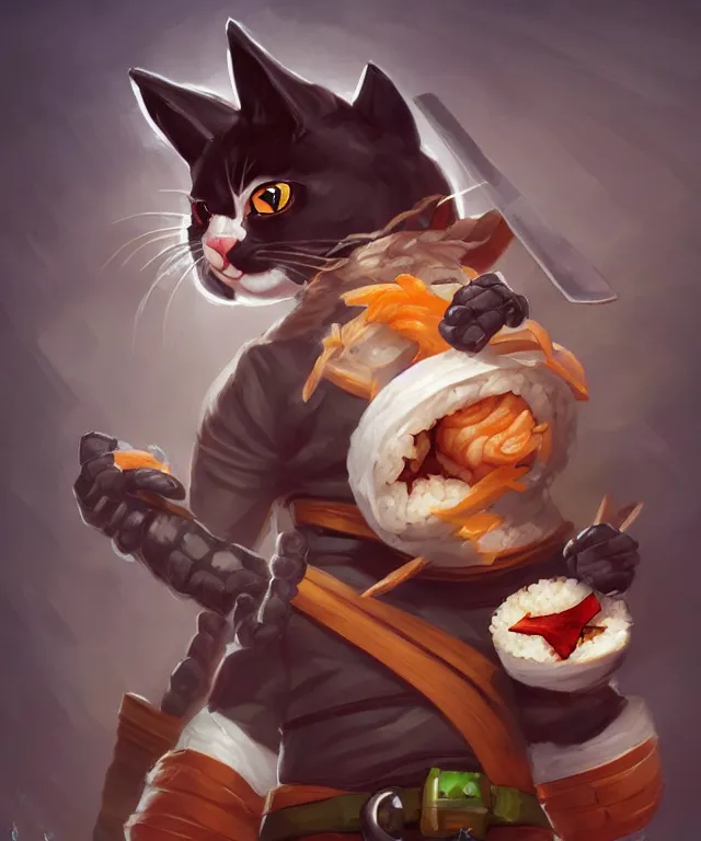 Image similar to a portrait of an anthropomorphic cat ninja eating sushi, ninja outfit, standing in a restaurant, cute and adorable, dnd character art portrait, well rendered matte fantasy painting, deviantart artstation, by jason felix by steve argyle by tyler jacobson by peter mohrbacher, cinematic lighting