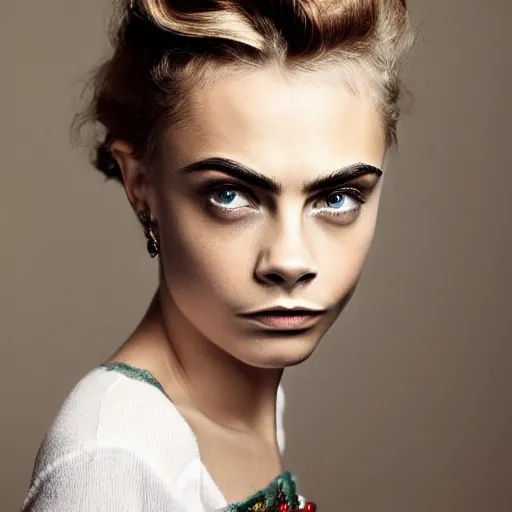 Prompt: photo of a gorgeous 20-year-old Cara Delevingne 1900s hairstyle by Mario Testino, detailed, head shot, award winning, Sony a7R -