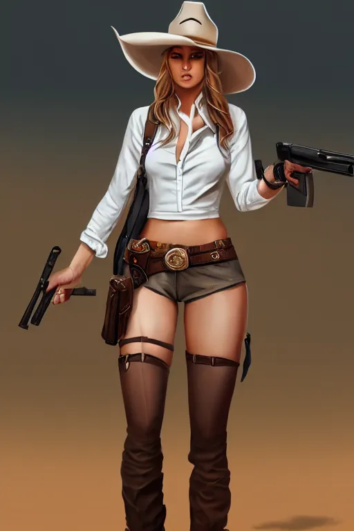 Image similar to full body, female cowgirl, perfect face, white blouse, empty gun holster, 8 k, magic the gathering, desert, d & d, artstation, high detail, smooth, muscular