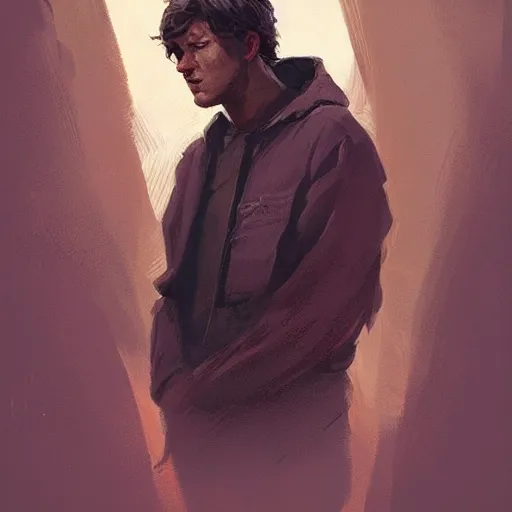 Image similar to portrait of a man by greg rutkowski, he looks like tye sheridan, he is about 2 0 years old, messy brown hair, tired eyes, he is wearing a black hoodie with hood, highly detailed portrait, digital painting, artstation, concept art, smooth, sharp foccus ilustration, artstation hq