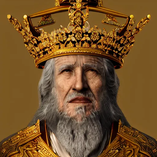Image similar to portrait of an old king with a crown on the majestic throne, detailed face 8k, realistic, hyper-realistic, ultra-detailed, cinematic lighting, 4k, focused, cinematic