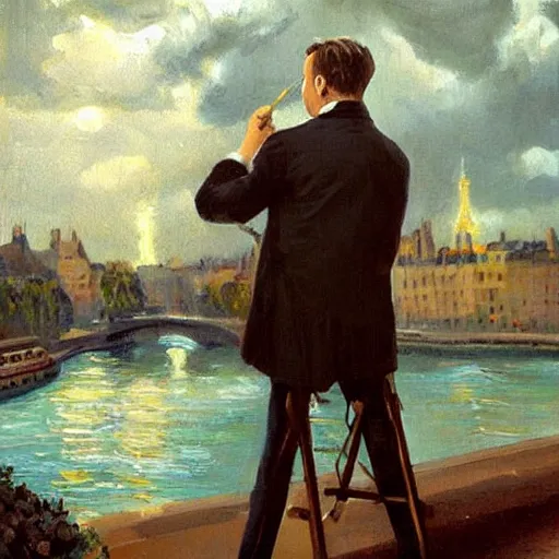 Image similar to mcgregor is dressed as a gentleman at early 2 0 th century paris. he is watching an easel. that easel has a canvas on it. ewan mcgregor has a brush on his hand. he is painting a painting. there is a small brown cat with yellow eyes on ewan mcgregors feet. on background has river seine, morning sun, dark clouds, lightning, dc comics