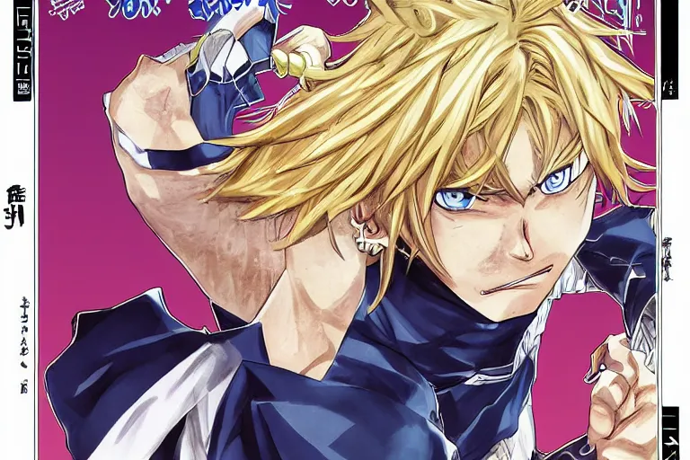 Image similar to manga volume cover, boy with blue eyes and long blonde hair, symmetrical face happy, stubble, handsome face, jojo's bizzare adventure, manga cover, hirohiko araki, illustration