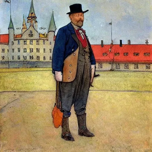 Image similar to painting carl larsson, cow, dressed, anthropomorphic!!, wearing!!! clothes!!!, standing next to royal castle!!!