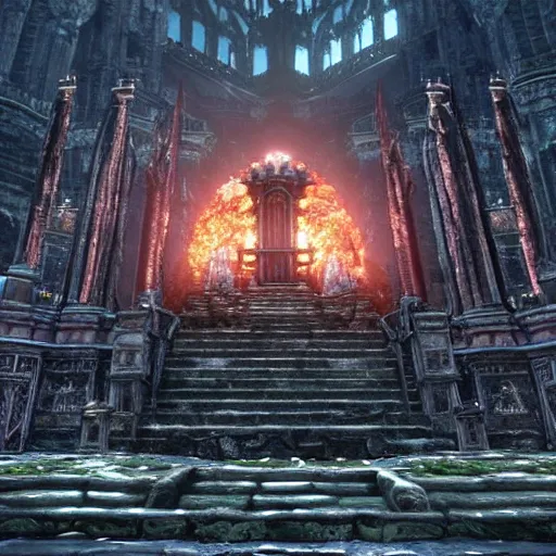 Image similar to a stunning ancient shrine in bloodborne that is radiating a malicious aura, screenshot from bloodborne, highly - detailed, professional work