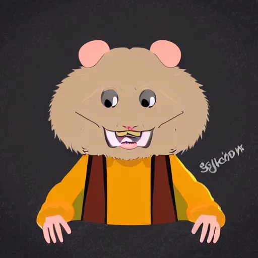 Image similar to a hamster with an evil face, in a butcher shop, holding knives in his hands. standing in front of the table. cartoon. front view.