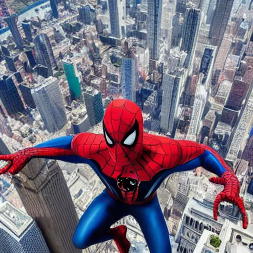 Image similar to marvel spider - man from back standing on top of the empire state building