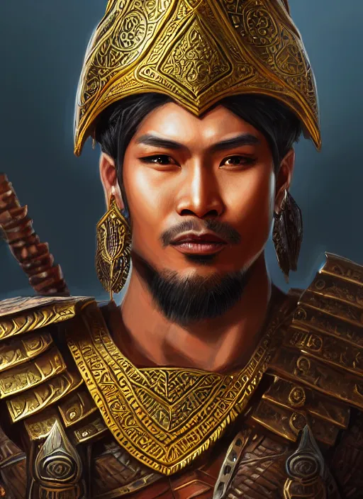 Image similar to smart tai warlord, closeup portrait, historical hero, ethnic group, sukhothai costume, thai bronze headdress, intricate, with leather armor cross on bare chest, elegant, loin cloth, highly detailed, oil painting, artstation, concept art, matte, sharp focus, illustration, hearthstone, art by earl norem