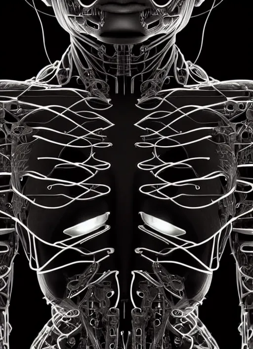 Image similar to organic cyborg full frontal torso close-up, Symmetrical! vivid blackest black satin plastic, diffuse lighting, fantasy, intricate, elegant, highly detailed, lifelike, photorealistic, digital painting, artstation, illustration, concept art, smooth, sharp focus, art by John Collier and Albert Aublet and Krenz Cushart and Artem Demura and Alphonse Mucha