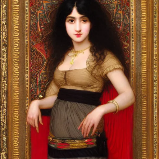 Prompt: orientalist portrait of a woman with thick black bangs and curly hair wearing a red dress selling tapestries in a busy marketplace intricate artwork by Fabio Fabbi and john william waterhouse and Edwin Longsden Long and Nasreddine Dinet and Theodore Ralli trending on artstation, very coherent symmetrical artwork high detail 8k