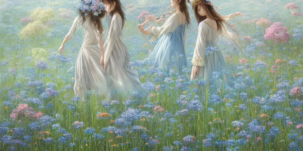 Prompt: breathtaking detailed concept art painting of walking in meadow goddesses of light blue flowers, orthodox saint, with anxious, piercing eyes, ornate background, amalgamation of leaves and flowers, by Hsiao-Ron Cheng, James jean, Miho Hirano, Hayao Miyazaki, extremely moody lighting, 8K