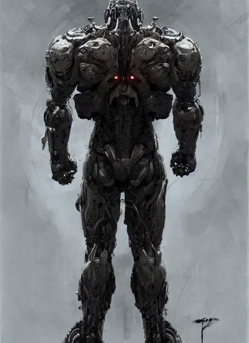 Image similar to cary - hiroyuki tagawa as victor stone, full body concept, cyborg, borg, strogg, face of a man, terminator, flesh, quake strogg, doom demon, wolfenstein, monstrous, powerful, symmetry, symmetrical, concept art by ruan jia and greg rutkowski