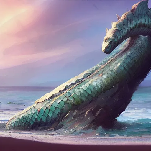 Prompt: a beached sea serpent washing up on the shore of a beach concept art by jaime jones, cgsociety, fantasy art, concept art, artstation hd, deviantart hd.