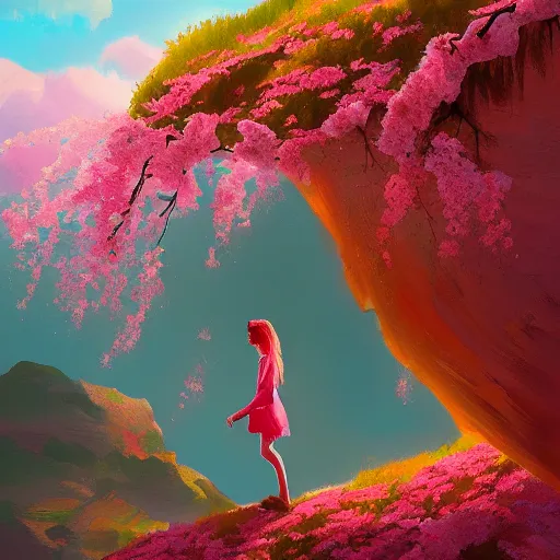 Image similar to giant cherry blossom flower as a head, girl walking in a canyon, surreal photography, sunrise, dramatic light, impressionist painting, colorful clouds, digital painting, artstation, simon stalenhag