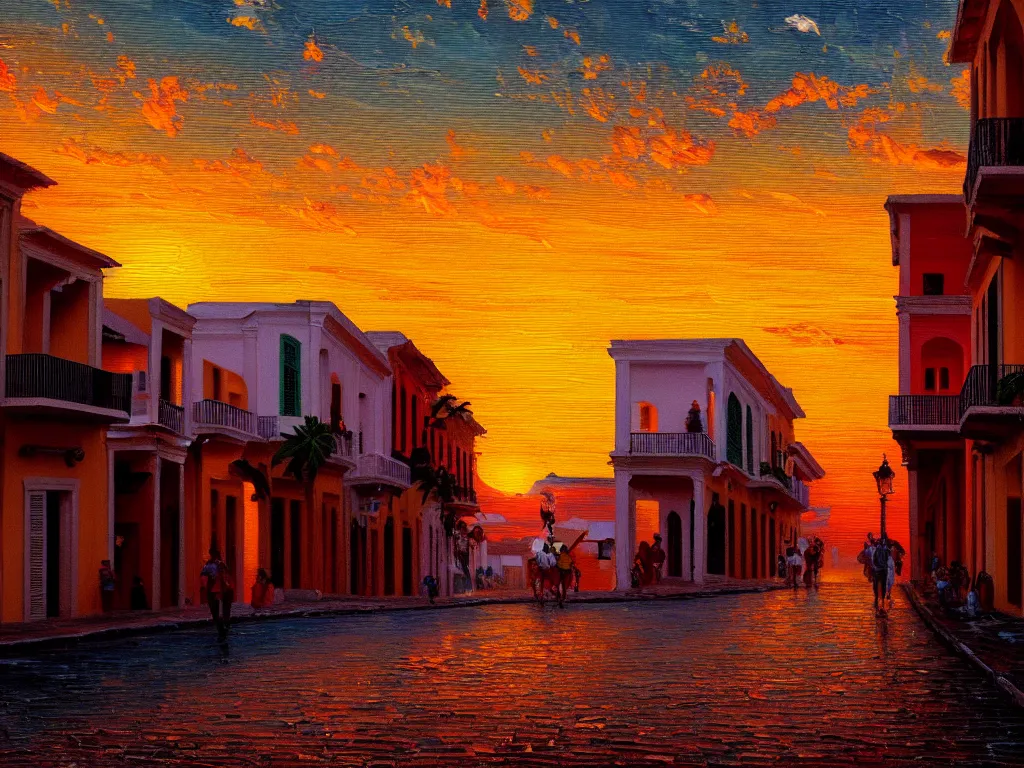 Image similar to of an impressionist oil painting of a sunset in the street of old san juan in puerto rico, hyper - detailed, 8 k, cinematic, octane render, by greg rutkowski