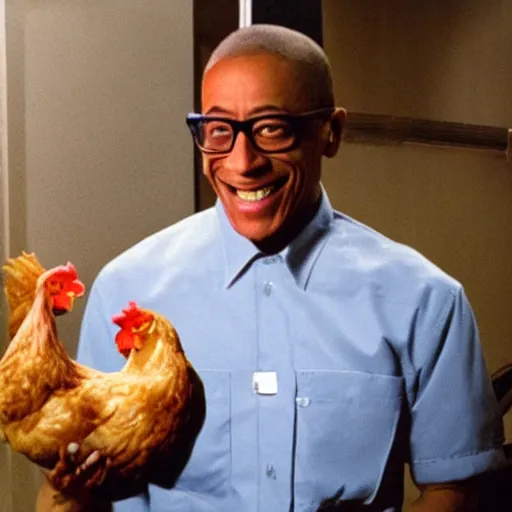 Image similar to gus fring smiling and holding a chicken nugget, security camera night footage, infrared