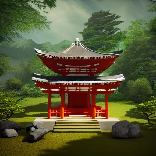 Image similar to an isometric 3 d render of a shinto shrine in the forest, isometric, octane render, unreal engine