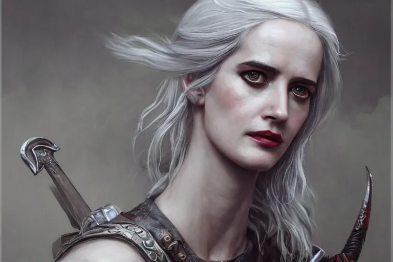 Image similar to A portrait of Eva Green as Ciri from the Witcher Game by Ruan Jia and Mandy Jurgens and Artgerm and william-adolphe bouguerea, highly detailed, trending on artstation, award winning, H 768