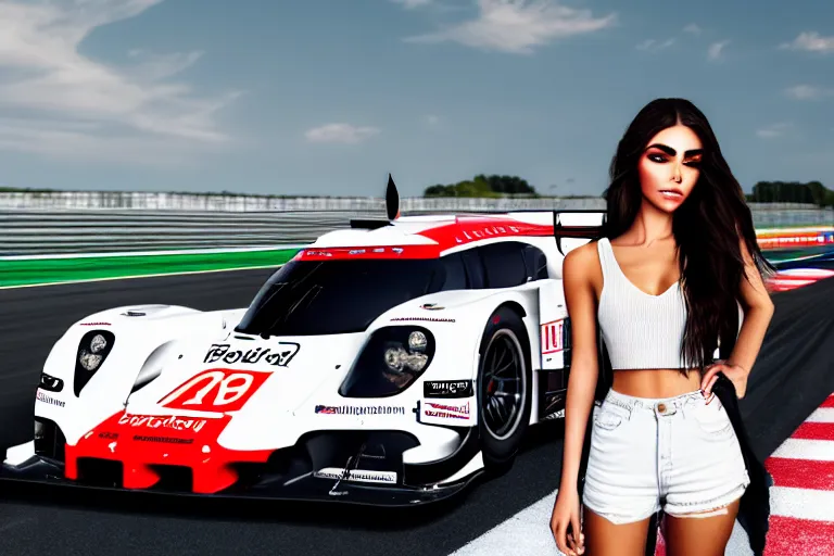 Image similar to a highly detailed, beautiful photo of a madison beer standing beside a ( ( porsche 9 1 9 ) ), at the 2 4 hour of le mans, symmetrical face, beautiful eyes, realistic, 8 k, award winning photo, motor sport photography, natural lighting, adobe photoshop, final render