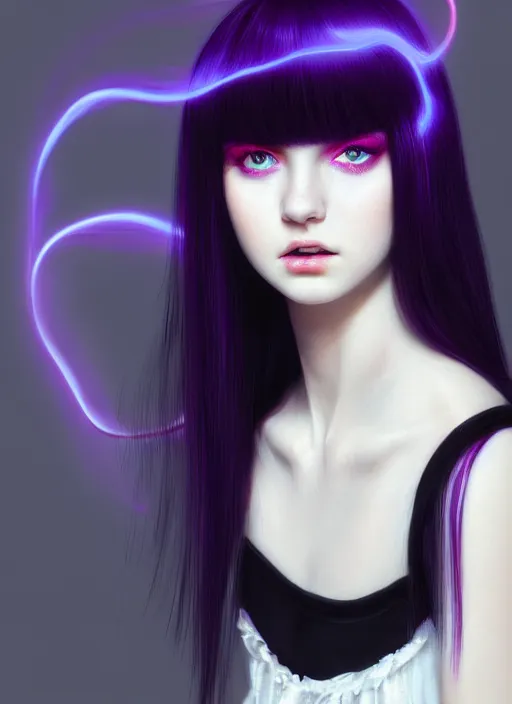 Image similar to portrait of teenage girl with white bangs, red irises, black hair, purple clothes, white bangs, bangs are different color from hair, intricate, front of hair is white rest is black, elegant, glowing lights, highly detailed, digital painting, artstation, concept art, smooth, sharp focus, illustration, art by wlop, mars ravelo and greg rutkowski