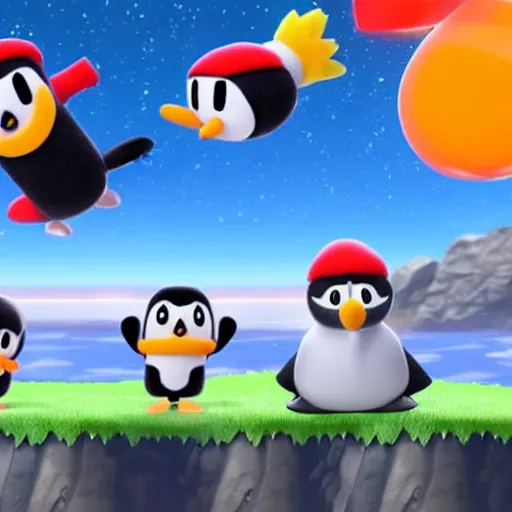 Prompt: Pingu on Super Smash bros ultimate, Nintendo switch