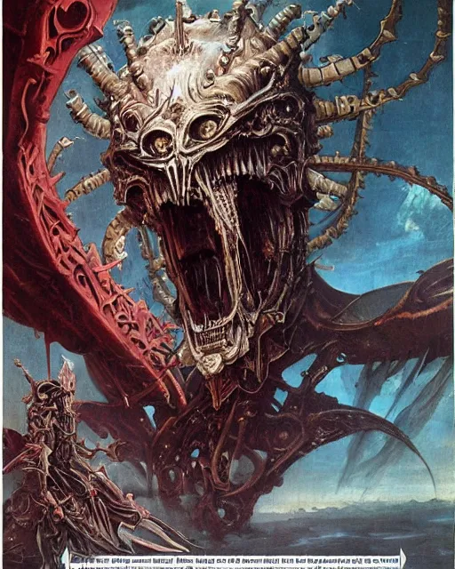 Image similar to elegant renaissance painting of biomechanical warhammer final boss creature vecna, art by bruce pennington and peter mohrbacher