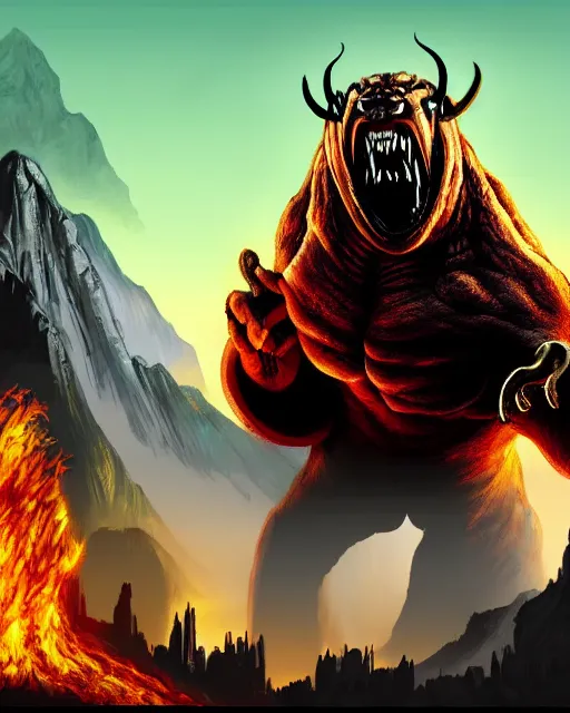 Image similar to Balrog from Lord of the rings in GTA V loading screen, GTA V Cover art by Stephen Bliss, boxart, loading screen,