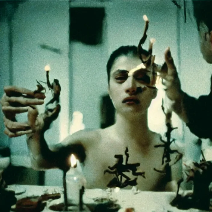 Prompt: a polaroid still from a scene from a feature film by wong kar - wai, alejandro jodorowsky, roger ballen and david fincher : : pagan occultism, magick ritual : : close - up shot, exquisite lighting setup : : anamorphic lens, kodakchrome : : 8 k