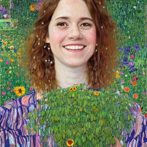 Prompt: a portrait of female asa Butterfield mixed with pam beesly, smiling, surrounded by plants, by gustav klimt