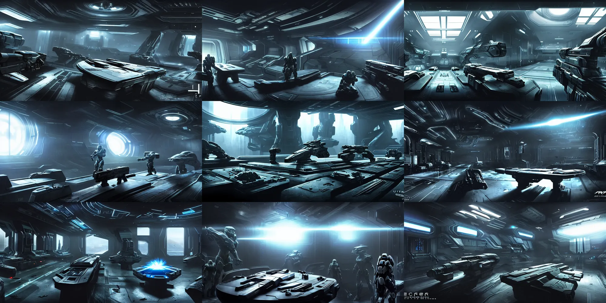 Prompt: ultra realistic, concept art, an assortment of futuristic laser guns on a table in a locker room, science fiction, intricate details, halo, mass effect, destiny, deus ex mankind revolution, eerie, highly detailed, octane render, unreal, straight lines, sharp