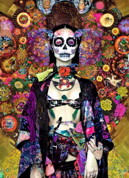 Image similar to cute punk goth fashion hippy fractal Día de los Muertos android girl wearing kimono made of circits posing by Zhang Jingna, psychedelic dada collage by Hannah Höch Käthe Köllwitz Victor Moscoso Rick Griffin Alphonse Mucha Gustav Klimt Ayami Kojima Amano Charlie Bowater, masterpiece