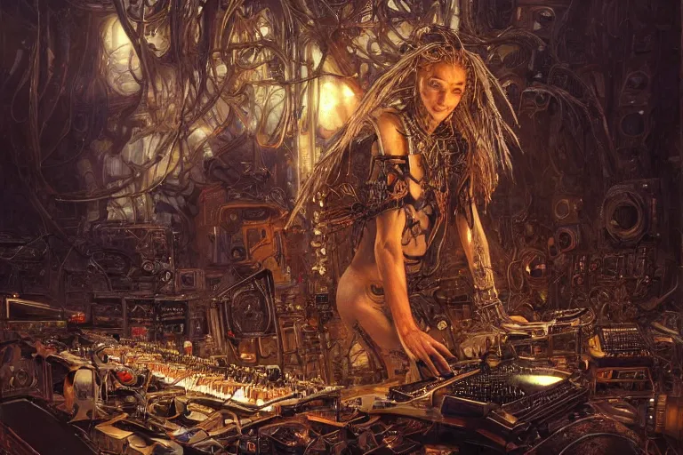 Image similar to a centered photo of a post apocalyptic tribal cyborg playing synthesizers in the most complicated fractal and technical musical studio, powerful, cinematic, beautifully lit, by donato giancola, by artgerm, by karol bak, 3 d, perfect face and body, trending on artstation, octane render, 8 k