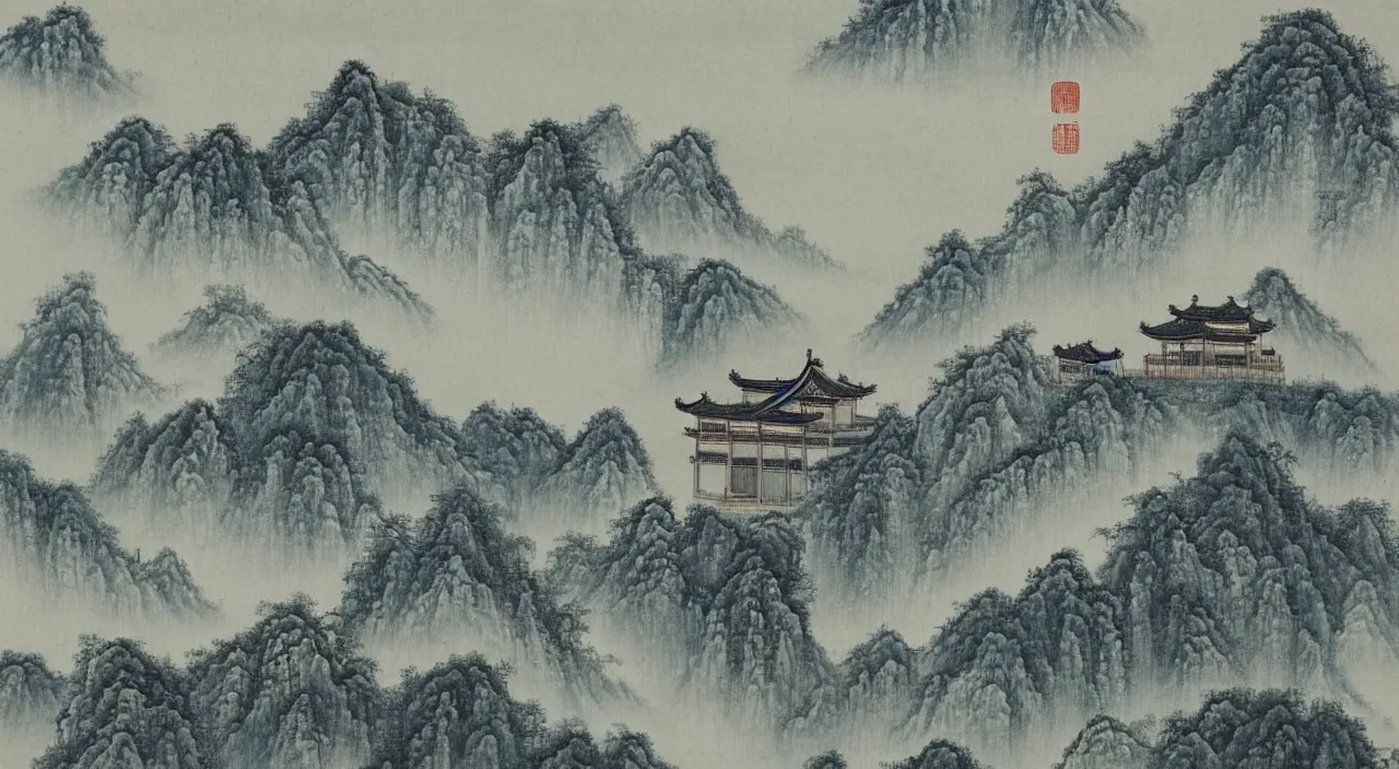 Image similar to a chinese landscape painting of a building in a serene landscape