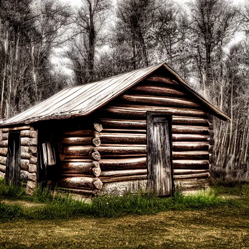 Prompt: old cabin, XF IQ4, 150MP, 50mm, f/1.4, ISO 200, 1/160s, natural light, Adobe Photoshop, Adobe Lightroom, DxO Photolab, polarizing filter, Sense of Depth, AI enhanced, HDR