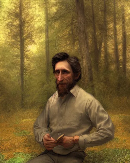 Image similar to henry thoreau in the woods portrait painting highly detailed procreate, 3d render senior artist, photorealistic, textured, featured on artstation