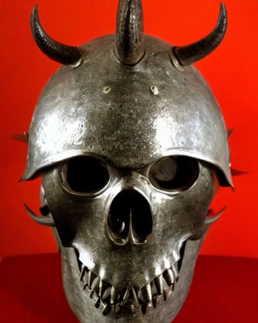 Prompt: medieval helmet in the shape of a demon skull with glowing red eyes,