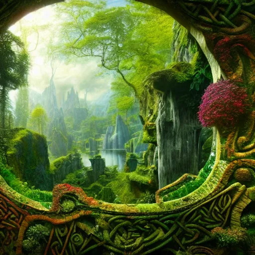 Image similar to a beautiful and highly detailed matte painting of a lush garden in a beautiful forest, carved celtic stone runes, psychedelic colors, intricate details, epic scale, insanely complex, hyperdetailed, artstation, cgsociety, 8 k, sharp focus, hyperrealism, by caspar friedrich, albert bierstadt, james gurney, brian froud,